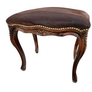 Antique Italian Bench Suede Cowhide Nailhead Ottoman Carved Wooden Legs RARE